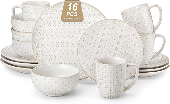 MALACASA 16 Pieces Dinner Set for 4, Embossed Stoneware Dinner Sets, White