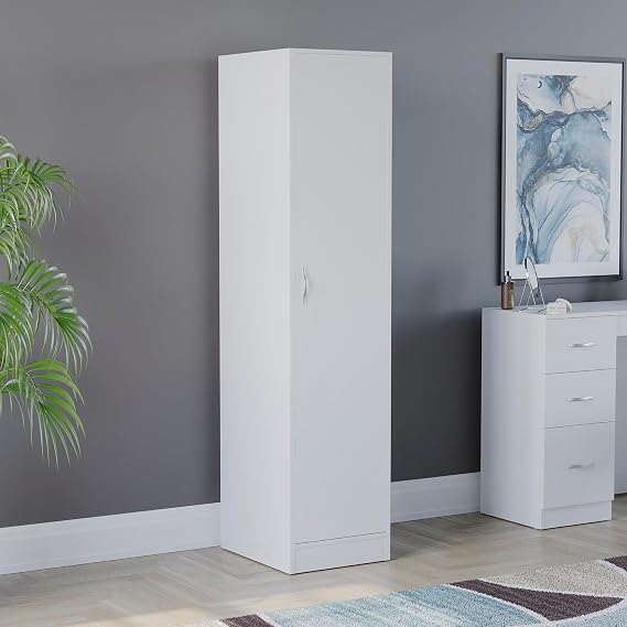 Vida Designs Riano 1 Door Wardrobe | White | Bedroom Furniture | 170H x 40W x 53D cm | with Shelf & Hanging Rail | Large Capacity Storage