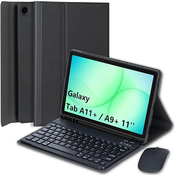 Case with Keyboard for Samsung Galaxy Tab A11+ Plus 2025 / Galaxy Tab A9+ Plus 11 Inch 2023, Spanish Ñ Keyboard with Detachable Bluetooth Mouse Ultrathin Case with Pencil Holder, Black
