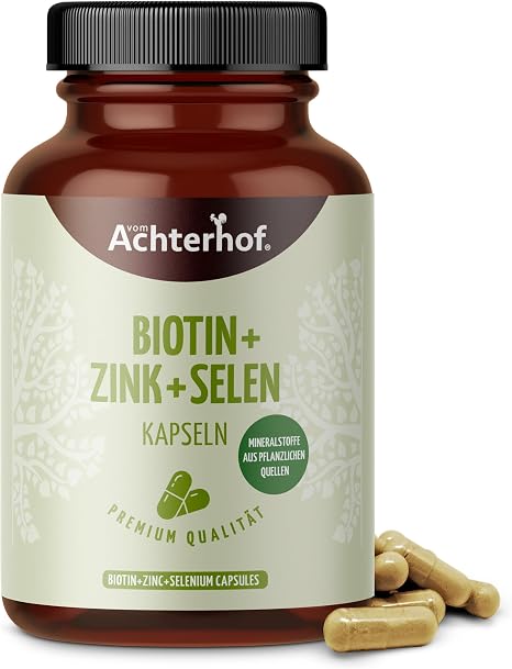 Achterhof Biotin Zinc Selenium Complex 120 Capsules with Zinc from Guava Extract Selenium from Mustard Seed Extract Vitamin C and Nettle Seed Powder High Dose 10000 mcg Biotin 100% Vegan