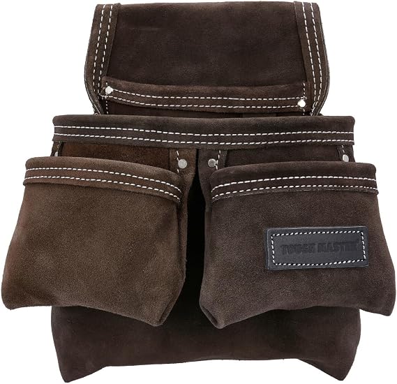 TOUGH MASTER Leather Tool Pouch, 4 Multi Pockets Suede Buffalo Leather Tool Work Pouch DIY Organiser For Builders, Carpenters, Gardeners, Electricians Brown