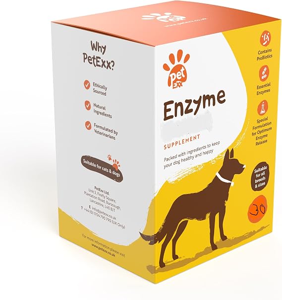 PetExx Enzyme Boost - pancreatic enzymes to aid digestion and skin allergies in cats and dogs with probiotic Vitamin B12 amylase protease and lipase - 30 capsules manufactured in the UK