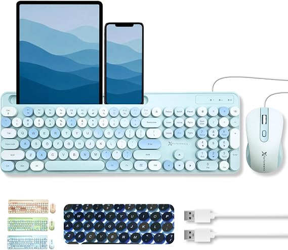 X9 Wired Keyboard and Mouse Combo with Backlight - Silent Round Keycaps, Phone/Tablet Dock, 109 Fullsize Keys, Cute Colorful Blue Keyboard, Aesthetic and Pastel Keyboard for Laptop, PC and Chrome