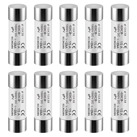 DEWIN Photovoltaic Fuses, 10 Pieces Solar Fuses 15 A Photovoltaic Fuse 10 x 38 mm PV Fuse Core for Solar Photovoltaic System Protection DC 1000 V