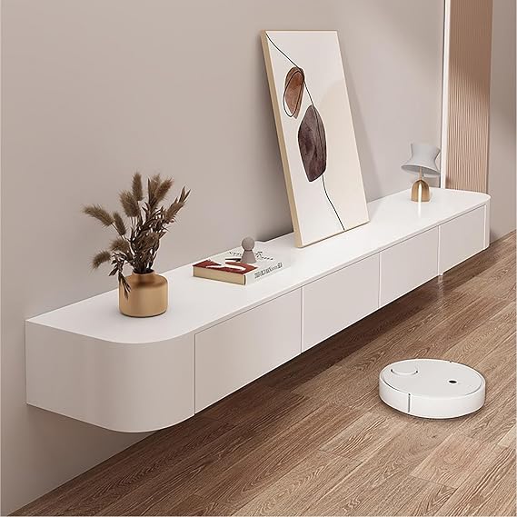 Floating TV Stand, Wall Mounted Floating TV Unit, White Floating TV Cabinet, Media Wall Unit Console, TV Shelves With Door, Entertainment Center for Living Room and Office (White, 240cm)