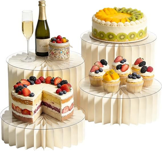4-Pack Foldable Multi-Height Buffet Risers, White Cardboard Cylinder Stands with Acrylic Plates, Food Buffet Dessert Cake Risers for Wedding Cakes, Dessert Tables, Charcuterie Displays
