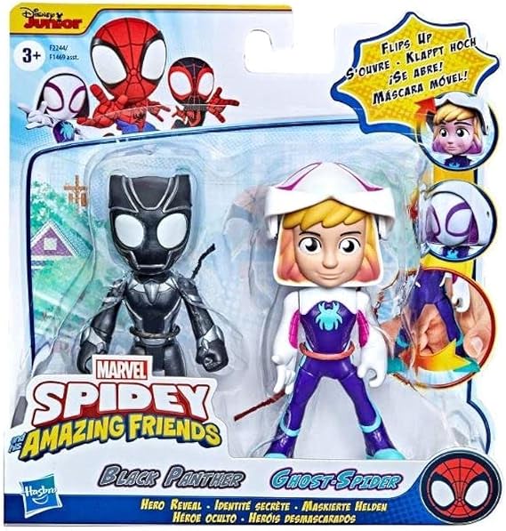 Marvel Spidey & His Amazing Friends Action Figures Superheroes + Villains (Choose Figure) (Black Panther & Ghost Spider 2 Pack (4 inch))