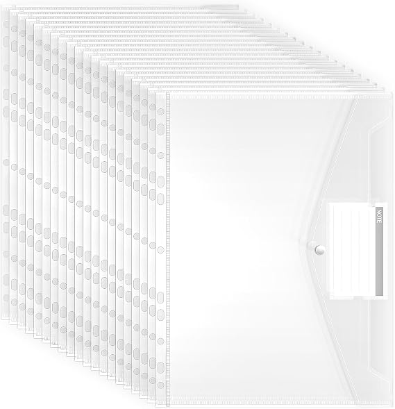 Punched Pockets Plastic Wallets, 20 Pack A4 File Folders for Document Paperwork Clear Envelope with Label Pocket Snap Button Ring Binder Home School Office Supplies