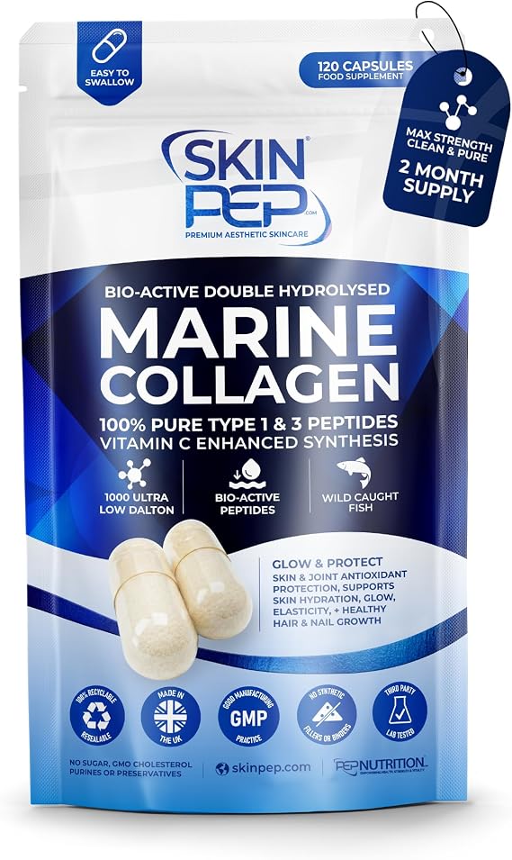 Pure Marine Collagen Supplements for Women & Men - SkinPep (120 Capsules) | 1270mg | 2 Month Supply | 1000 Dalton Bioactive Triple Filtered | Type 1 & 3 Hydrolysed Fish Collagen Peptides + Vitamin C