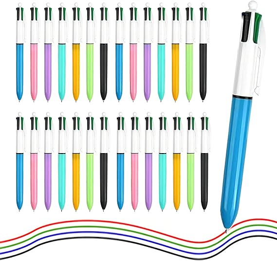 28PCS 4 in 1 Multicoloured Pen - Retractable Ballpoint Multi Colour Pen All 4 in One, Office School Stationery for Students Teachers (Black, Purple, Green, Orange, Teal, Blue, Pink)