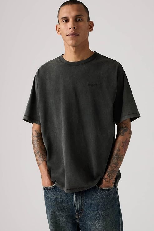 Eskitme Görünümlü Koyu Siyah Red Tab Vintage T-Shirt