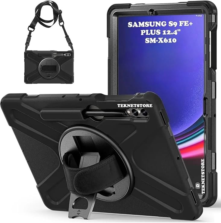 Samsung Galaxy Tab S9 FE Plus 12.4" SM-X610 Ile Uyumlu Tablet Kılıfı, S Pen Kalem Bölmeli, Askılı, Siyah