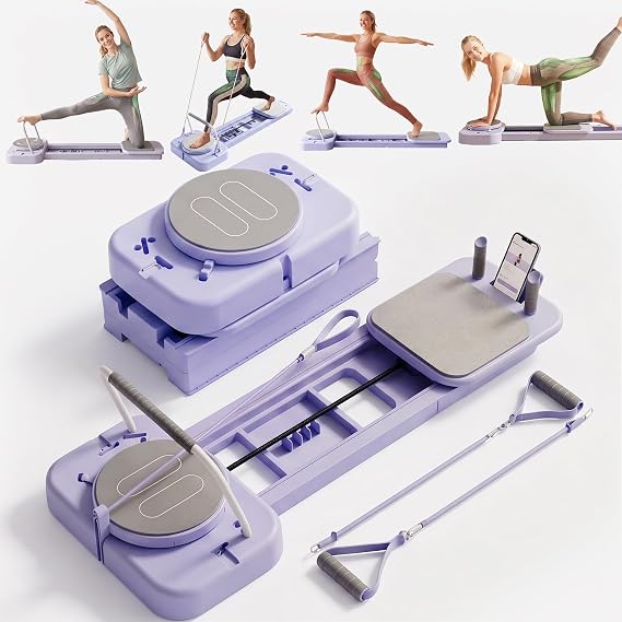 Pilates Board, Foldable Pilates Reformer Set for Home Workout with Timer, Multifunctional Portable Reformer Pilates Machine at Home Pilates Equipment (Pink)