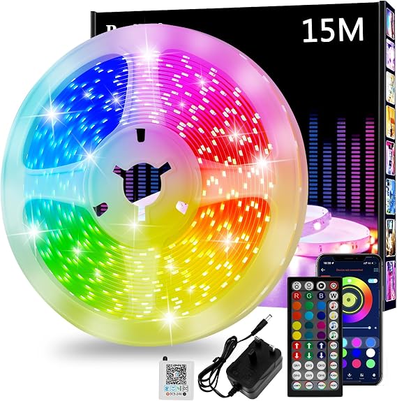 Led Strip Light 15m, Cuttable RGB Led Lights with Smart App Control Remote, Music Sync Colour Changing for Bedroom, Gaming Room, Kitchen, Home Decoration [Energy Class A]