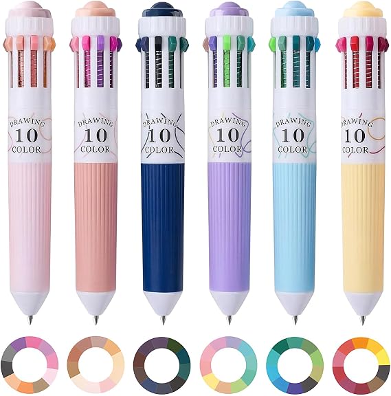6 Pcs Multi Colour Pens 10-in-1 Unique Colour Theme Retractable Coloured Ballpoint Pens for Writing Drawing, Multicolour Pen Set for School Office DIY Art Craft