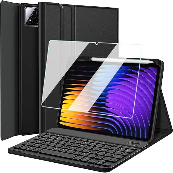 Keyboard Case with Screen Protector for Xiaomi Pad 7/7 Pro 11.2 Inch 2024, 9H Tempered Glass, Magnetically Detachable Wireless Bluetooth Keyboard Cover with Pen Holder