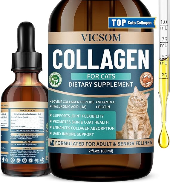 Liquid Collagen for Cats, Cat Joint Supplement for Cat with Bovine Collagens, Biotin & Vitamin C, Mobility & Flexibility, Skin, Coat & Immunity Support, Chicken Flavor Collagen Drops