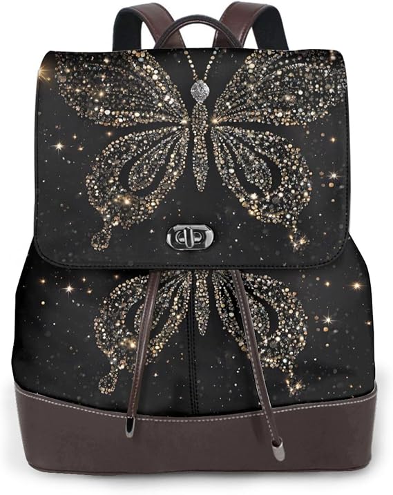 Rhinestone Butterfly Print Women Backpack Waterproof Anti-Theft Lightweight Pu Fashion Leather Nylon School Shoulder Bag Travel Backpack