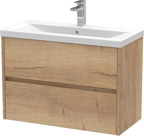 Balterley Wall Hung Vanity Unit with Basin, 2 Drawer Soft Close, Mid Edge Sink, Wall Mounted Bathroom Storage Cabinet, Bathroom Sink Cabinet, Vanity Units with Basin - 810 x 390 x 579mm (Autumn Oak)