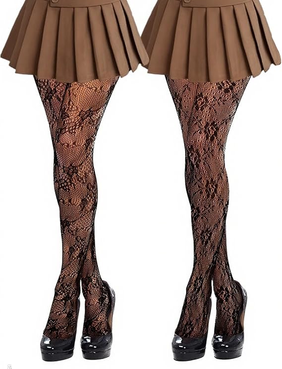 2 Pairs Patterned Tights, Black Lace Tights, Fashionable Patterned Tights for Women Lace Floral Pantyhose High Waist Fishnet Stockings