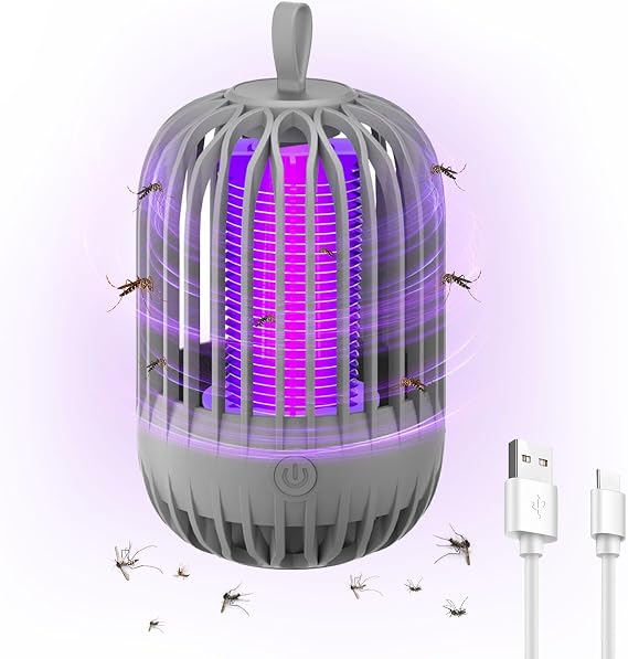Mosquito Killer Lamp, Dual Function Mosquito Zapper Lamp Indoor Insect Trap Portable Camp Mosquito Killer,Electric Mosquito Lamp Bug Zapper for Outdoor with Hanging Loop (Grey)