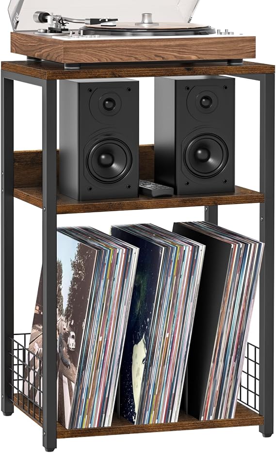 LELELINKY Large Brown Record Player Stand, 3 Tier Big End Table with Vinyl Storage Shelf Up to 130 Albums, Industrial Turntable Printer Stands Modern Side Tables for Living Room, Bedroom, Office