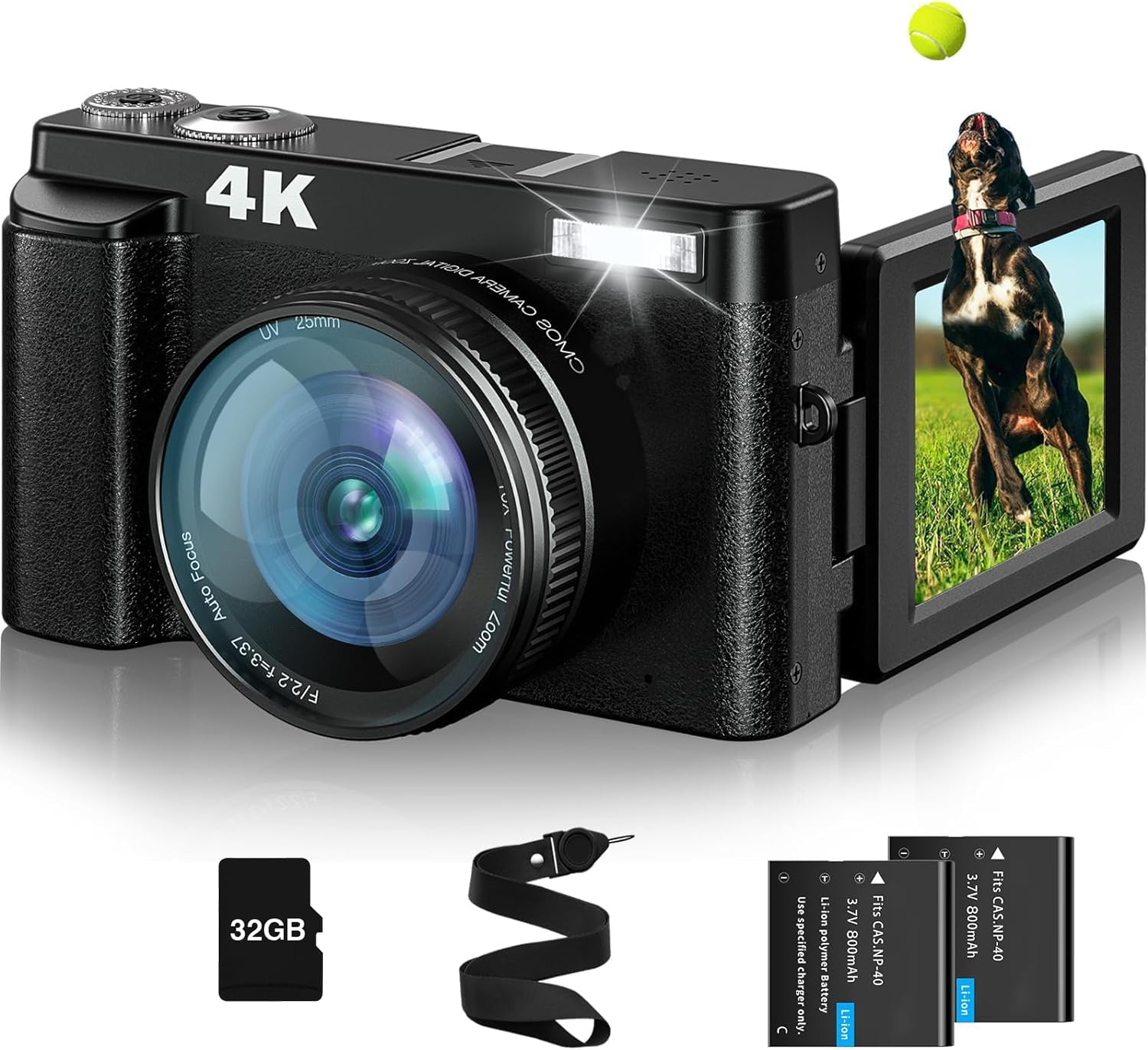 4K Digital Camera, 48 Megapixels, 4K Resolution, Auto Focus, Macro Photography, 16x Digital Zoom, 3-Inch Large Screen, 180 Degree Rotation, Spare Battery, HDMI Output, Lightweight, School Travel, Students, Beginners, 1.1 oz 32 g Memory Card Included, Black