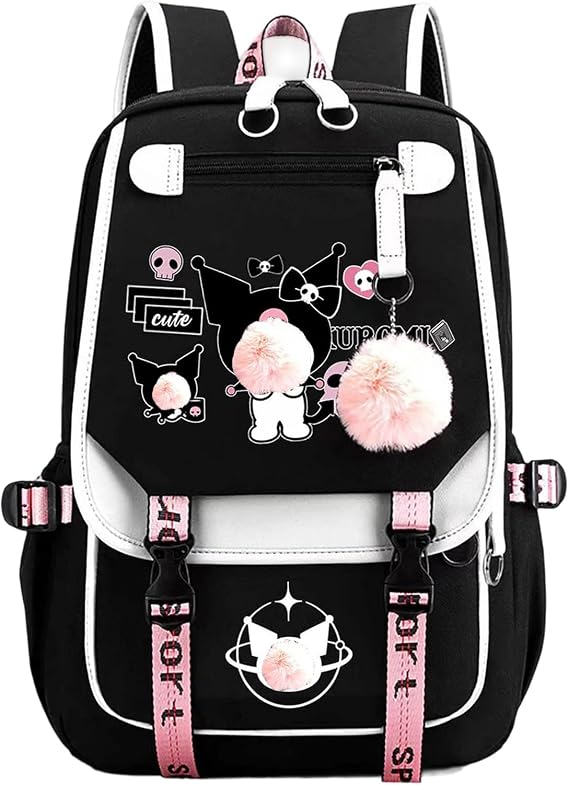 Kawaii Backpack, Multi Pocket Cartoon Black School Bags (Style A)