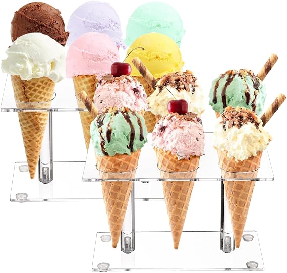 YOUEON 2 Pack Acrylic Ice Cream Cone Holder with 6 Holes, Clear Waffle Cone Holder Stand, Sushi Hand Roll Stand for Wedding, Birthday, Christmas, Thanksgiving, Party or Buffet