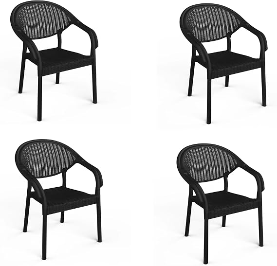 4 Adet Bambu Plastik Rattan Bahçe Balkon Teras Sandalyesi Gizli Metal Profil Ayaklı Kollu Sandalye Bahçe Koltuk (Siyah)