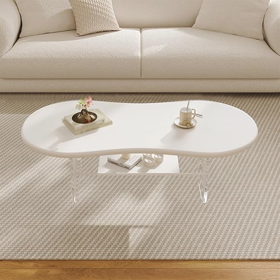 Coffee Table 2-Tier Coffe Table with Storage Acrylic Center Tables Sofa Desk Modern Tea/Snack Breakfast Serving Table Living Room End Table Easy to Install and Space Saving(White,98*55*42cm)
