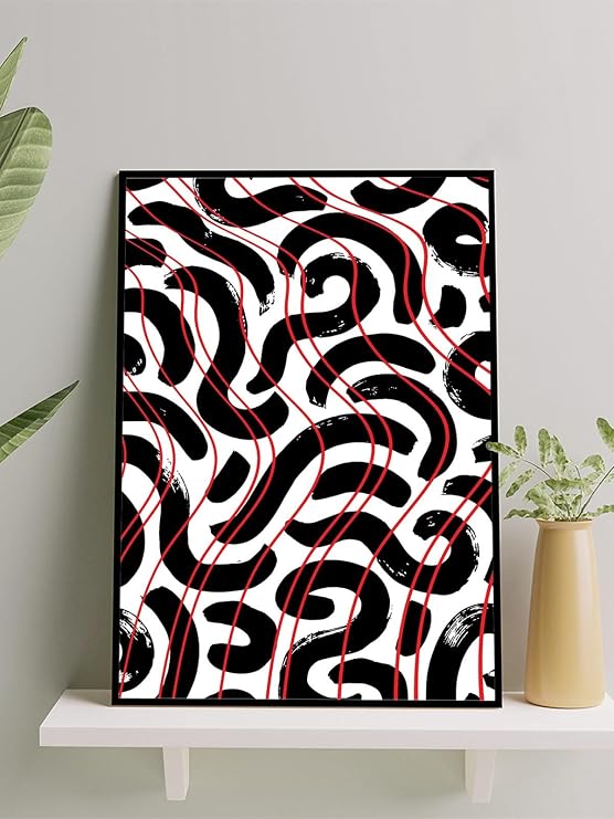 Postermanya Crimson, Siyah Beyaza Kızıl Akış Soyut Sanat Çerçeveli Tablo - Çerçeveli Poster, Sanatsal Dekorasyon