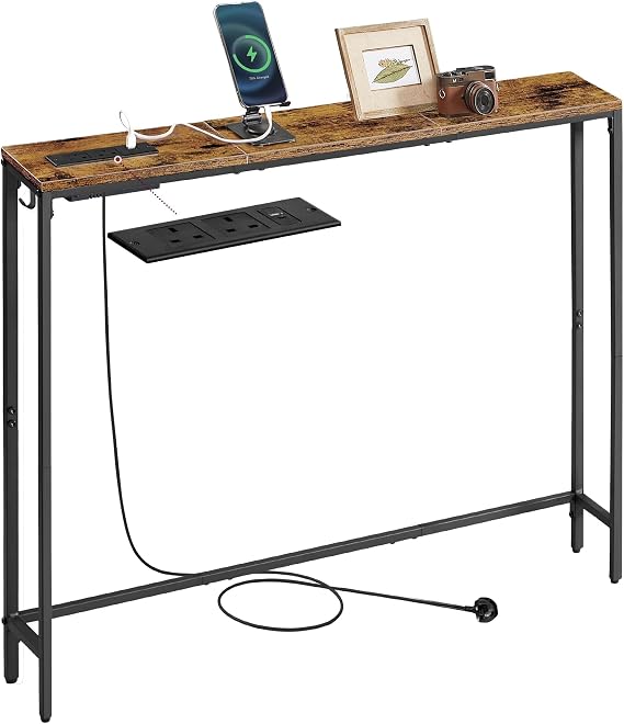 VASAGLE Console Table with Power Outlet, 100 x 15 x 80 cm