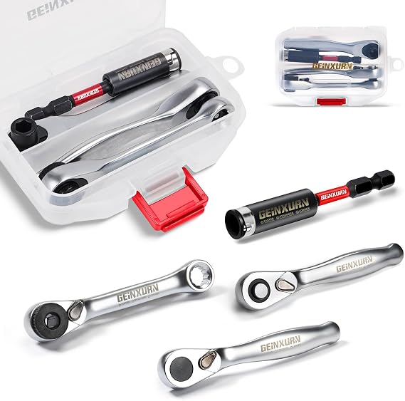 GEINXURN 4 Pcs Mini Ratchet Wrench & Bit Holder Set, 1/4" Drive Ratchet Handle Wrench, 72-T Quick-Release Reversible Socket Bit Spanner and Impact Extension Bit Holder with Case