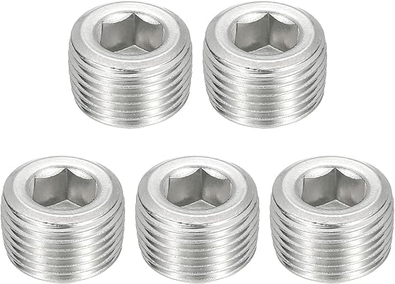 sourcing map 5Pcs Male Thread Socket Pipe Plugs, NPT 3/8" Stainless Steel Internal Hex Thread Pipe Caps for Pipe Fitting and Sealing, Silver