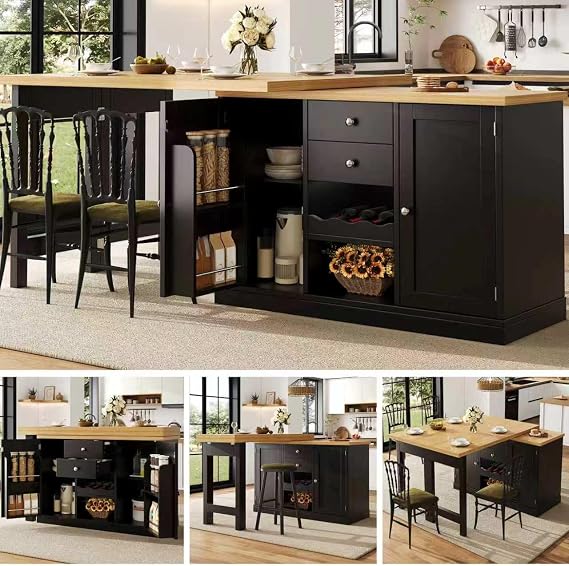 Extendable Sideboard Dining Table Combo, 2 Drawers & Snack Rack, 120cm To 197cm, Space-Saving Kitchen Island for Small Flats, White/Black
