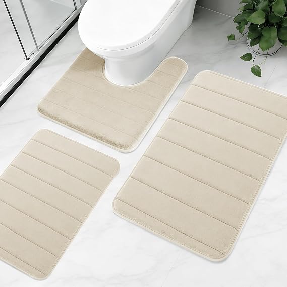 3 Piece Non-Slip Bath Mat Set, Luxury Thick Memory Foam Bathroom Rugs, Water Absorbent Soft Shower Mat Machine Washable Toilet Mat for Bathroom Floor,Beige