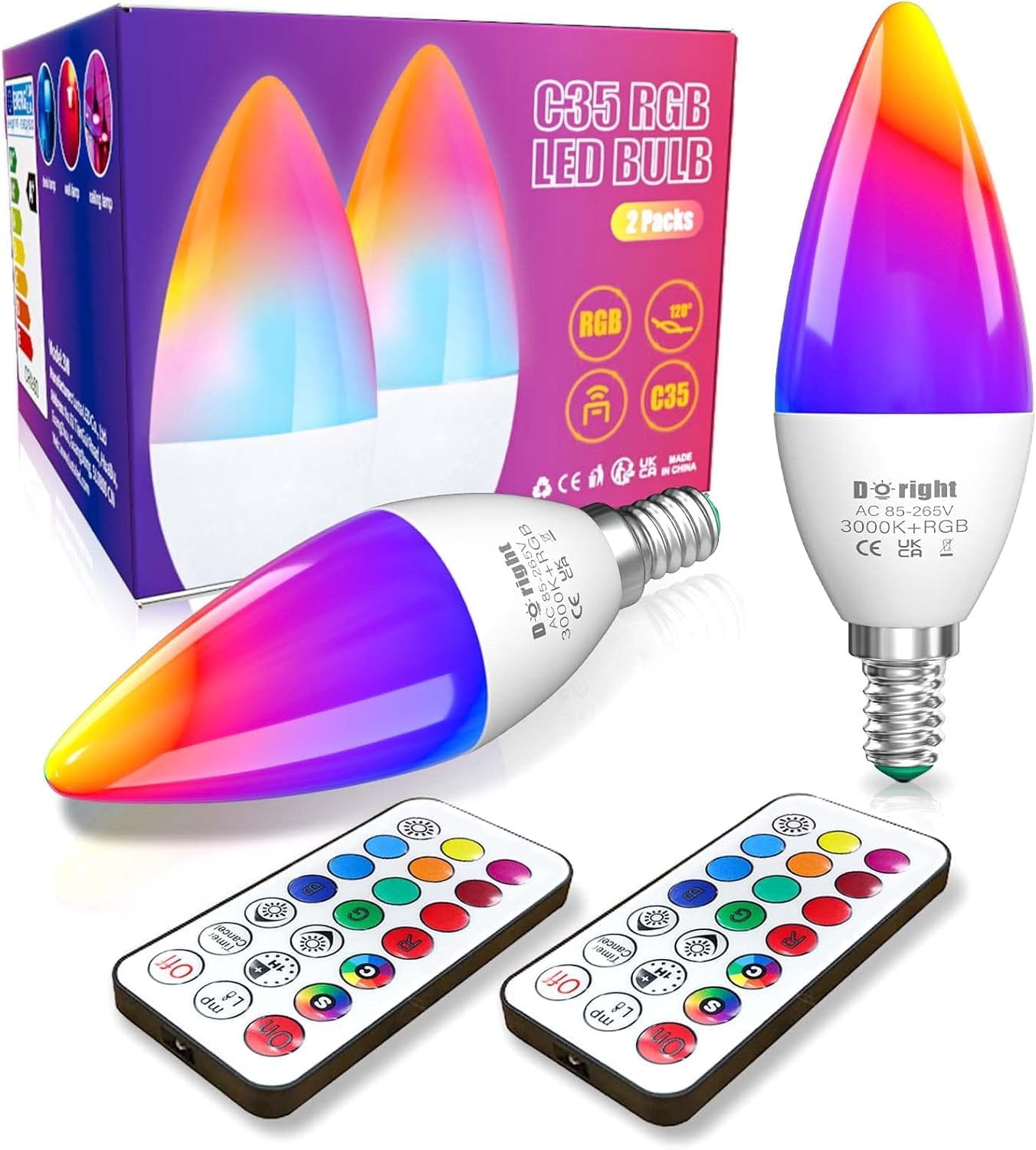 DoRight E14 LED Colour Changing Candle Bulbs, 3W Dimmable Multi Color E14 RGBW Light Remote Control, Memory &amp; Timing Function, 40W Equivalent SES Small Edison Screw, RGB  Warm White 3000K 2-Pack [Energy Class G]
