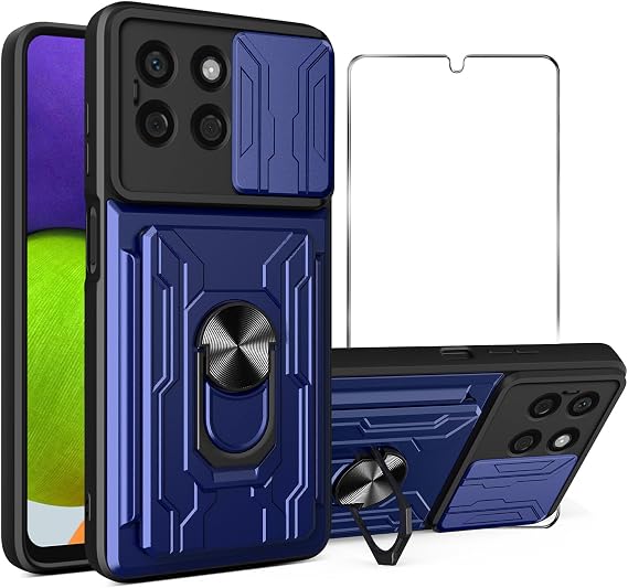 for Honor X6B Phone Case with Tempered Glass Screen Protector [Removable Card Holder] & Kickstand Ring & Camera Cover Military Grade Drop Shockproof Protection Phone Case for Honor X6B 4G,Blue