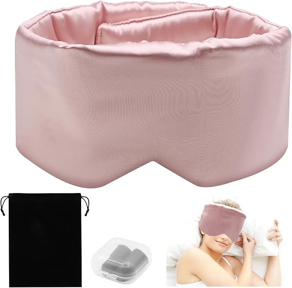 Sleep Mask, VEGCOO Silk Sleeping Mask 100% Blackout Eye Mask for Sleeping Soft & Comfortable Sleep Eye Mask with Earplugs & Storage Bag, Adjustable Blindfold for Women Men All Night Sleep (Pink)