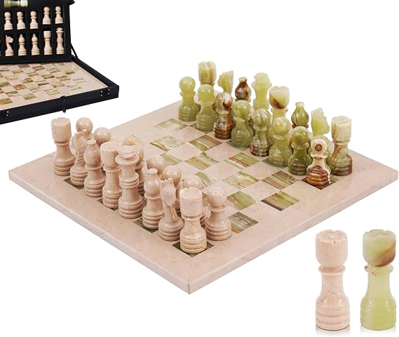 MARBLE RANGE 12" Handmade Verona & Green Board Game with 32 Chess Pieces, 2 Extra Queens & Storage Box, Luxury Travel Game, Elegant for Home Decor