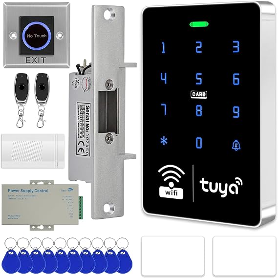 WiFi Tuya Security Access Control System with Waterproof RFID Keypad, Smart Door, Remote Control, App, NC Cathode Lock, Electric Lock