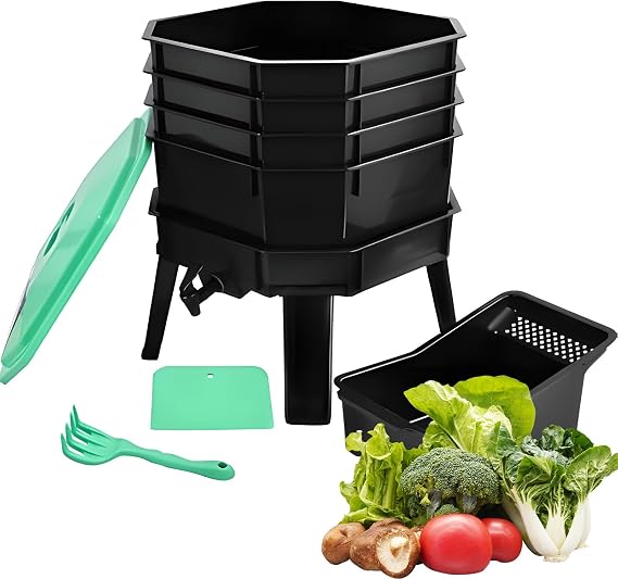 4-Layer Worm Composter Kit, Garden Compost Bin with 4 Removable Trays, Grid Ventilation and Pedestal Faucet Design, for Efficient Garden Backyard Balcony Waste Recycling