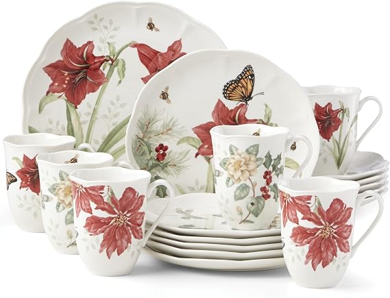 Lenox Butterfly Meadow 18-Piece 20lb Dinnerware Set, Red and Green