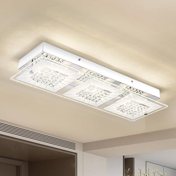 Flush Mount Crystal Ceiling Light Fixture Dimmable LED Crystal Lights for Kitchen, Bathroom, Bedroom, Rectangular 18 Inch, 4000K