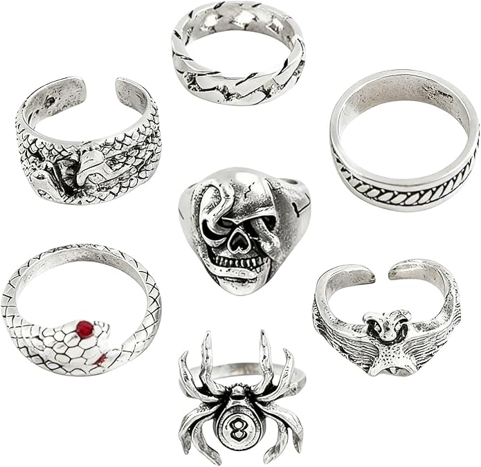 Gothic Silver Ring Set, 7 Pieces, Men's Gothic Skull Rings, Spider Skull Snake Design, Wild Alondra Open Punk Ring Gift Cool Rings for Men Women