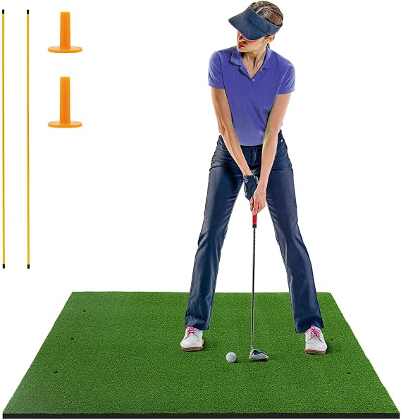 COSTWAY Golf Hitting Mat, 5 x 3 FT/5 x 4 FT Artificial Turf Mat with 2 Rubber Tees and 2 Alignment Sticks, Golf Training Mat for Home Backyard Garage