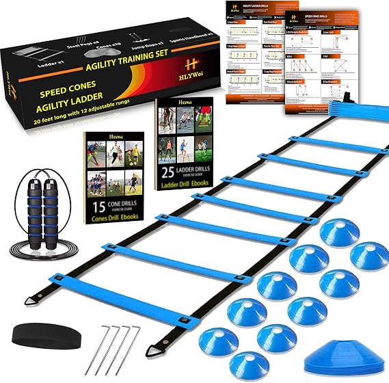 Speed Agility Training Set, Includes 1 Agility Ladder, 4 Steel Stakes, 1 Sports Headband, 1 Jump Rope, 10 Disc Cones and Carry Bag