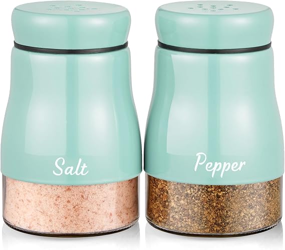 Turquoise Salt and Pepper Shakers Set, Bivvclaz 5 oz Stainless Steel Salt and Pepper Dispenser with Glass Bottom, Cute Salt and Pepper Shakers for Teal Kitchen Decor and Accessories, Easy Filling
