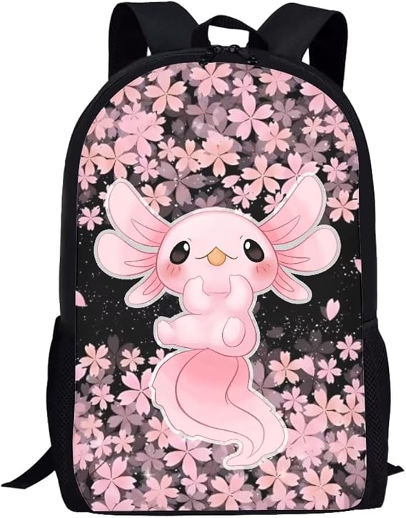 Showudesigns Axolotl Flower School Bag for Girls Backpack Teenager High School College Students Casual Trip Day Bag 17 inch Satchel Heavy Duty Pink Sakura